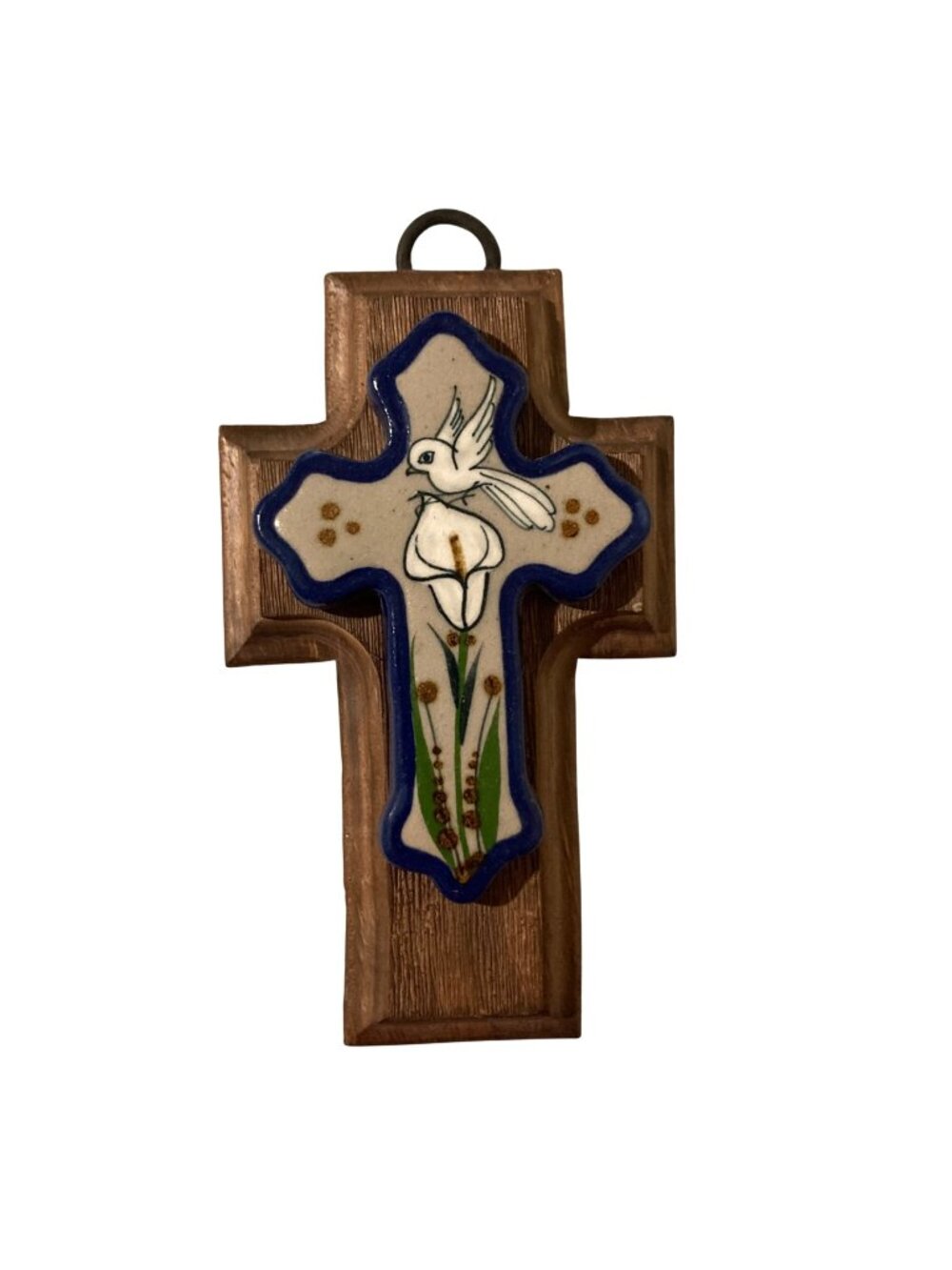 Blue Tonala Mexican Pottery Cross With Bird And Calla Lily On Wood Base